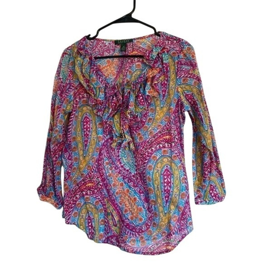 Lauren Ralph Lauren Womens Paisley Ruffle Blouse Top Long Sleeve Multicolor SZ S